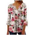 thumbnail image 2 of Womens 3/4 Sleeve Tops Print Casual Fashion T Shirt Button V Neck Blouse Tunic Tops, 2 of 7