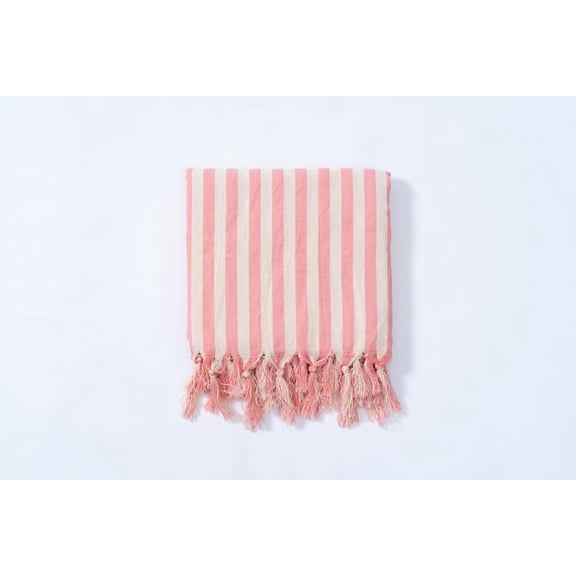 Pink-White Cotton Linen Turkish Towel, Quickly Dry Striped French Throw, Soft Beach Towel
