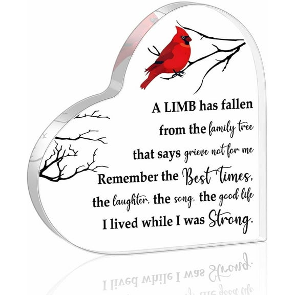 Cardinal Unique Sympathy Heart Shaped Acrylic Plaque Decor for Loss of Loved One, Bereavement Ideas One Table Remembrance Decoration Grieving Decor, 4 x 4 Inch