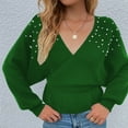 thumbnail image 4 of Hinvhai Plus Size Sweater Tops On Seasonal Clearance Women's V-Neck Winter Pearl Solid Long Sleeve Pullover Tops Sweaters Green 6(M), 4 of 5
