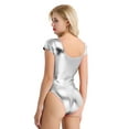 thumbnail image 4 of Yartina Women's Ballet Dance Gymnastic Leotard Shinny Metallic Leather Short Sleeve Bodysuit Gym Wear Silver L, 4 of 7
