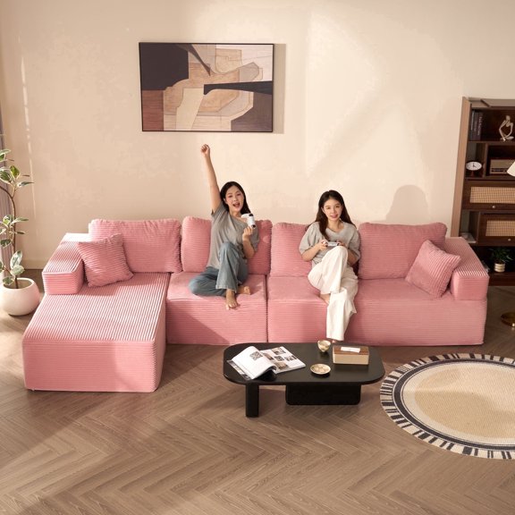 LAKPS 138" L-Shaped Left Modular Boneless Sofa, Deep Seat Corduroy Sectional Couch, No Assembly Required, 4-Seater, Pink