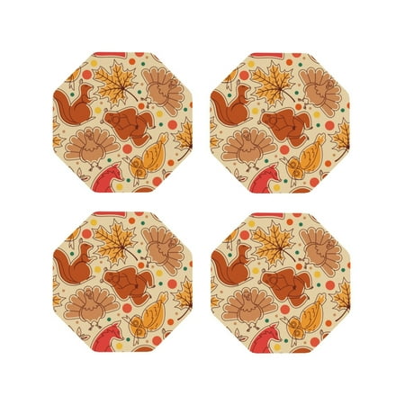 

Junzan Autumn Animal Maple Leaves Print Coasters for Drinks - Leather Coasters Set of 4 for Coffee Table for Housewarming/Kitchen/Bar/Decor-Octagon