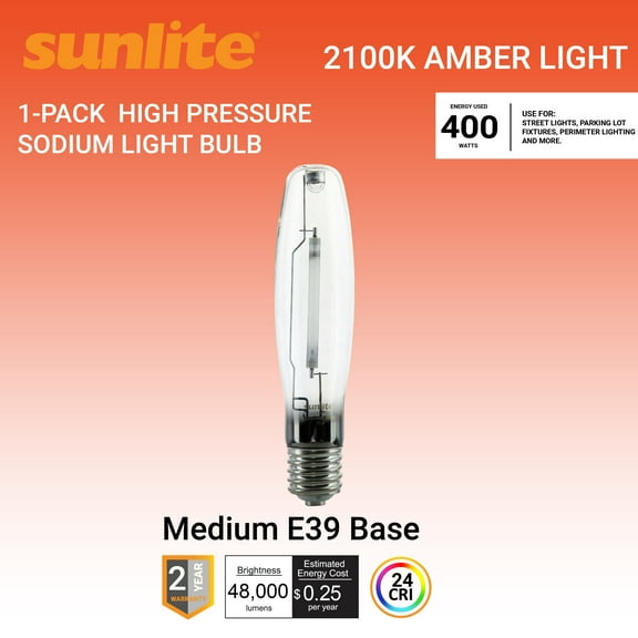 Sunlite LU250/MOG400W HPS Light Bulb, Mogul Base (E39), 48000 Lumen, 24000Hrs, Clear, 2100K