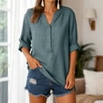thumbnail image 7 of felwors Women's Relaxed Fit Short Sleeve Linen Like V Neck Blouse with Front Pocket Button Detail Roll Up Sleeves Casual Summer Beach Daily Top (Green, L), 7 of 7