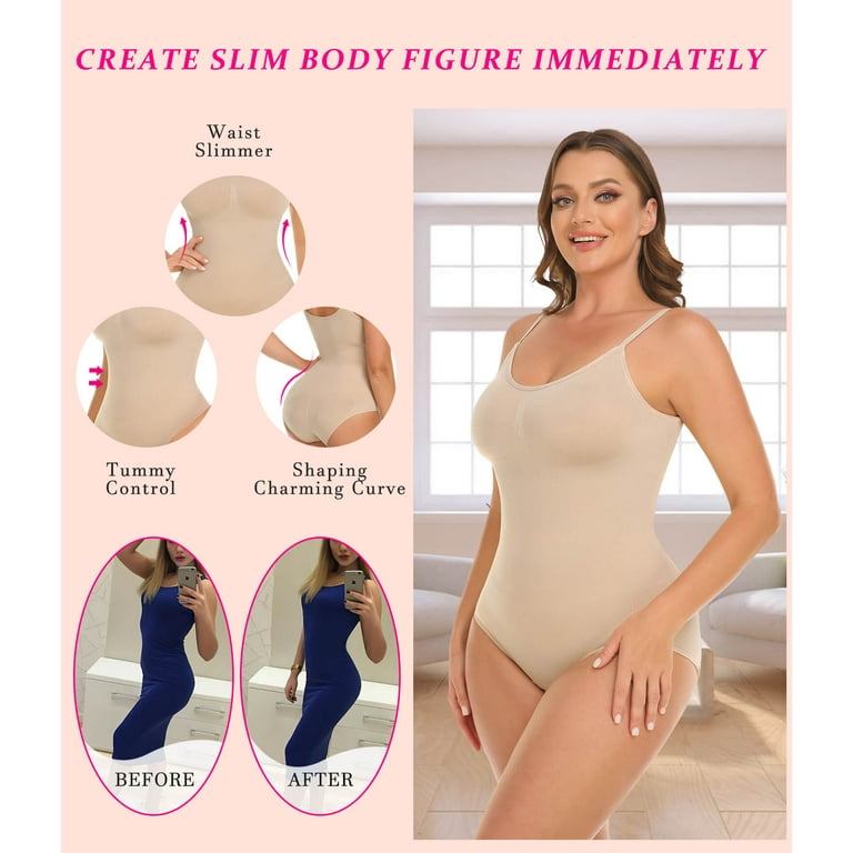 MANIFIQUE Thong Shapewear Bodysuit for Women Tummy Control Body Shaper with  Built in Bra V Neck Jumpsuit Tops 
