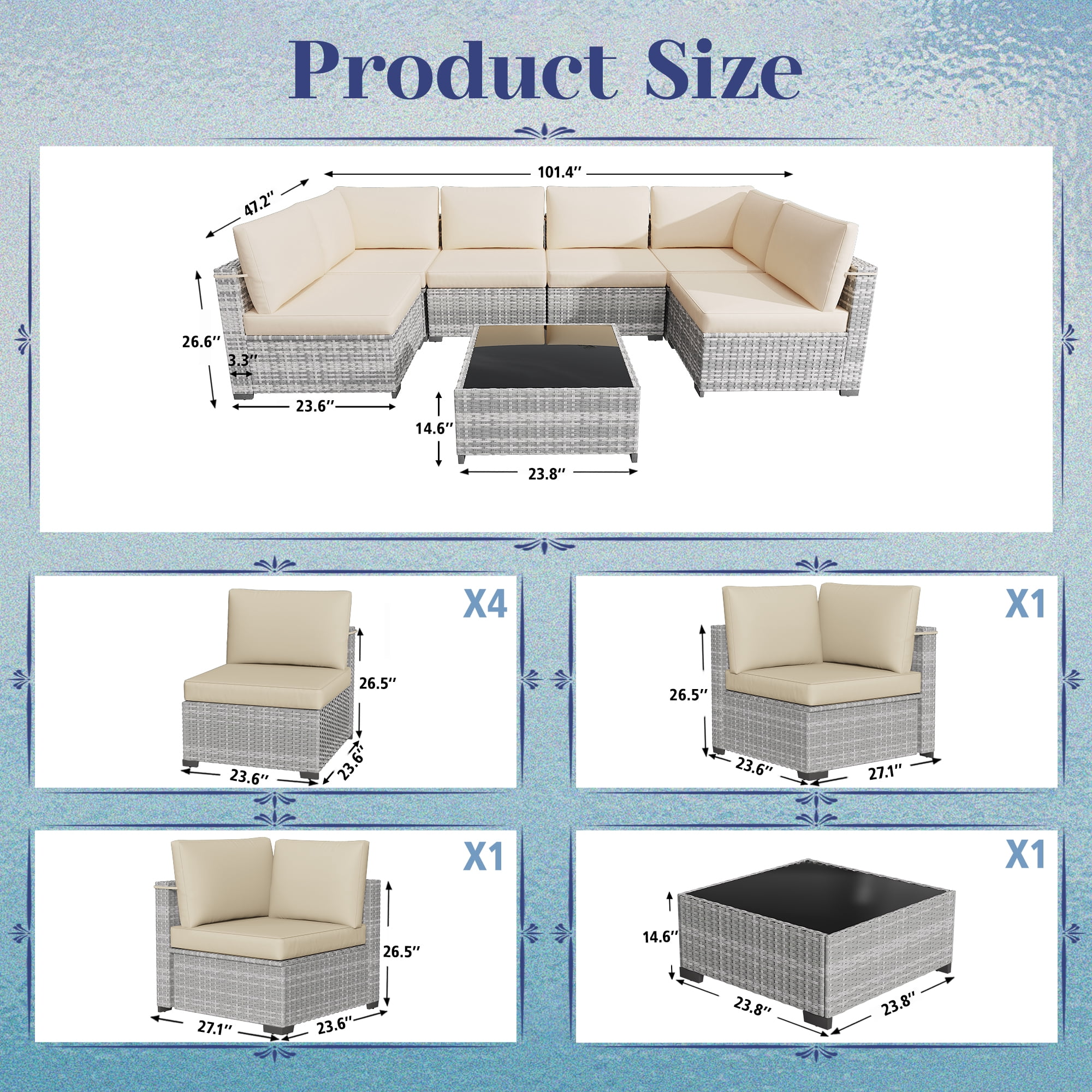 KIGOTY 7 Piece Outdoor Patio Furniture, Wicker Rattan Outdoor Conversation Set Sectional Sofas for Backyard, Garden, Grayish-White Beige