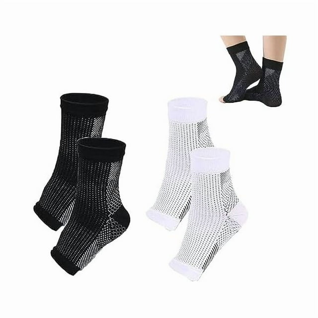 wonima11 Generic Fine Compress Foot Sleeves, 2/3pairs Unisex Fine Compress Anti Fatigue Ankle Compression Foot Sleeves Neuropathy Socks (black+white, S/M)