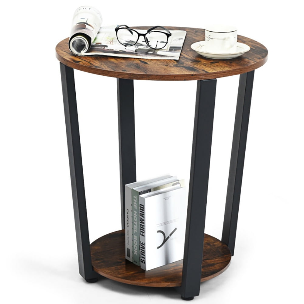Finihen Round End Table, 2-tier Round End Table with Storage Shelf and Metal Frame for Living Room, Bedroom, Brown Finihen Round End Table, 2-tier Round End Table with Storage Shelf and Metal Frame for Living Room, Bedroom, Brown