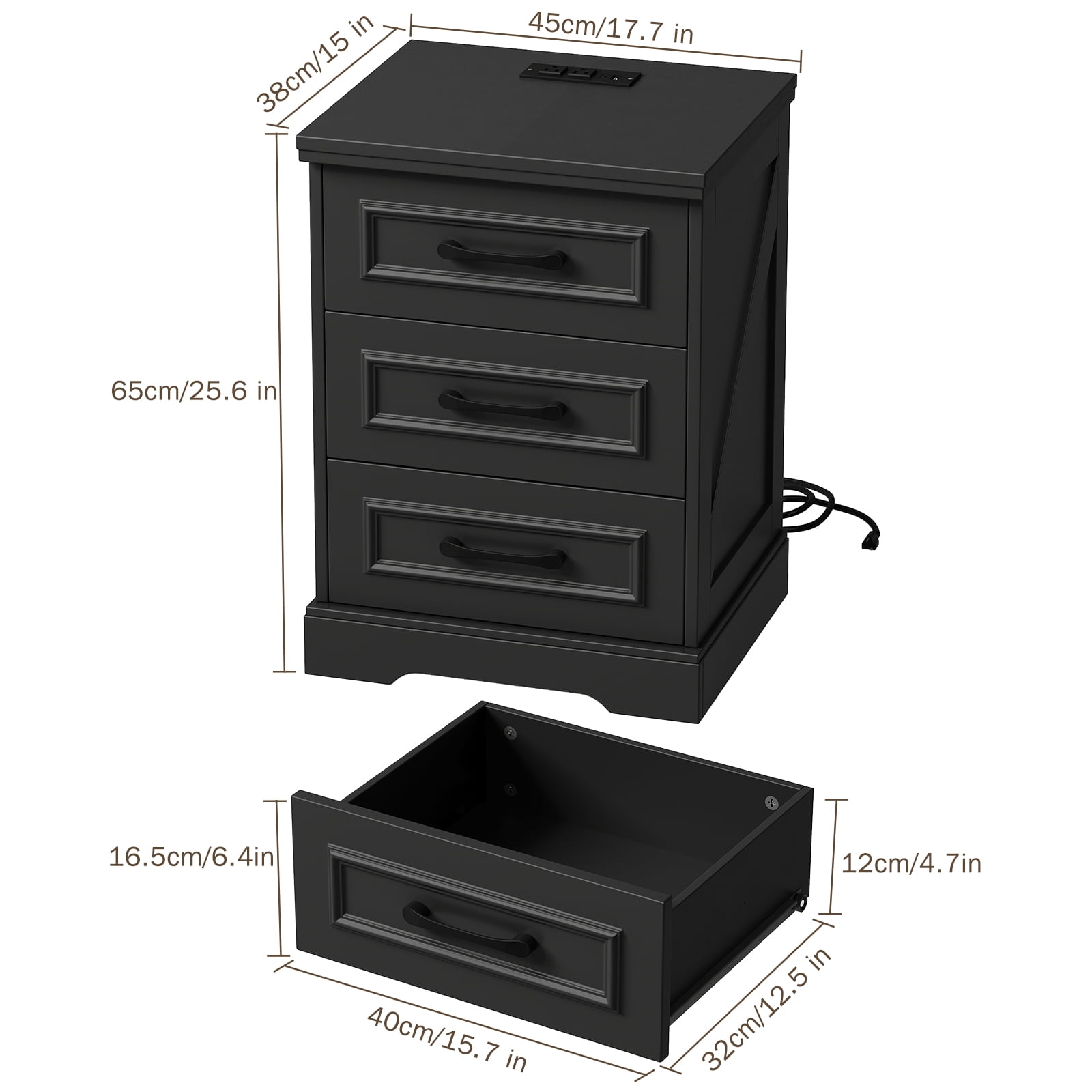 IDEALSOUL Nightstand for bedroom, Black Farmhouse End Table with Charging Station,3 Drawers Storage