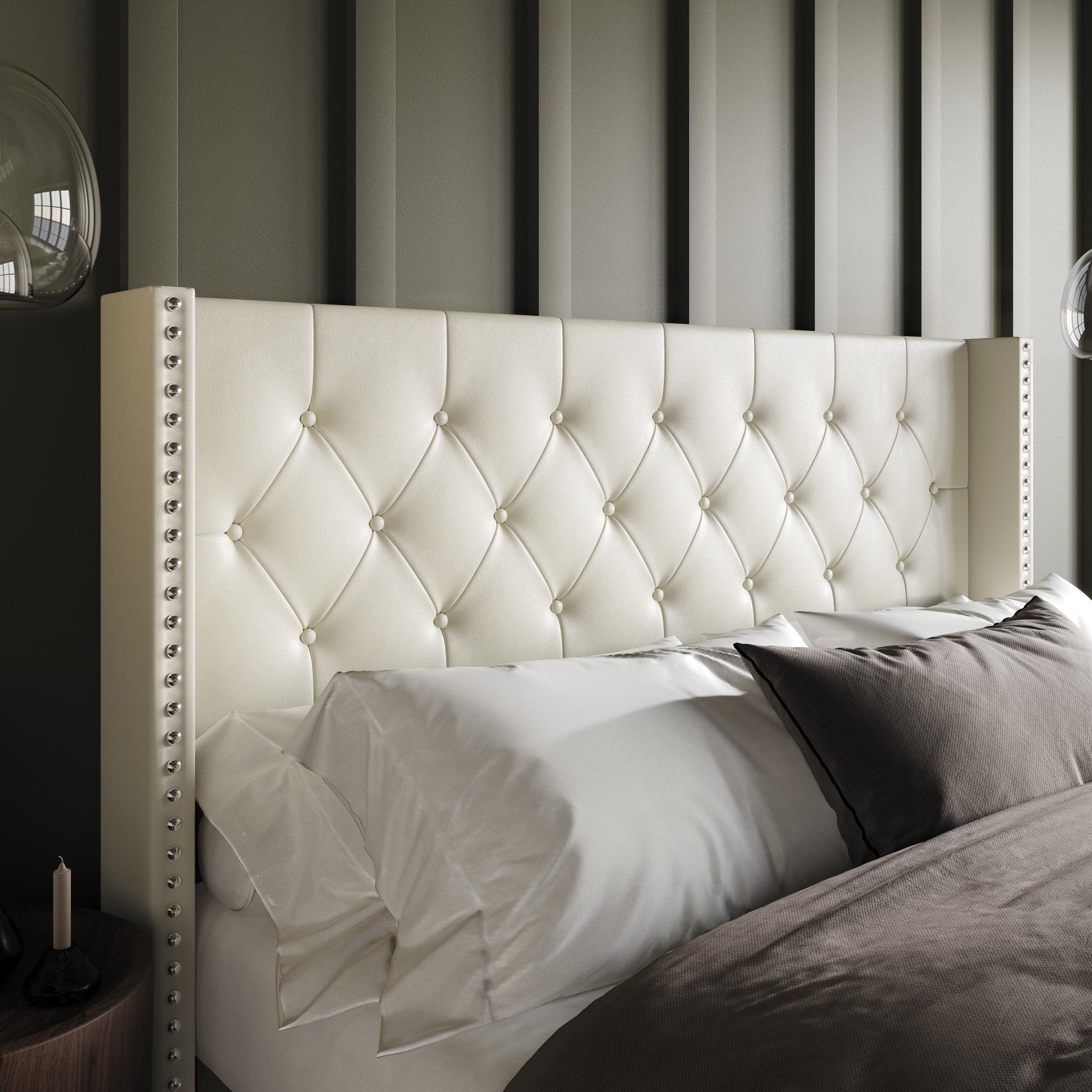 Home Design Sonoma Queen Tufted Upholstered Headboard with Wingback Design and Nailhead Trim, Cream, Easy Assembly
