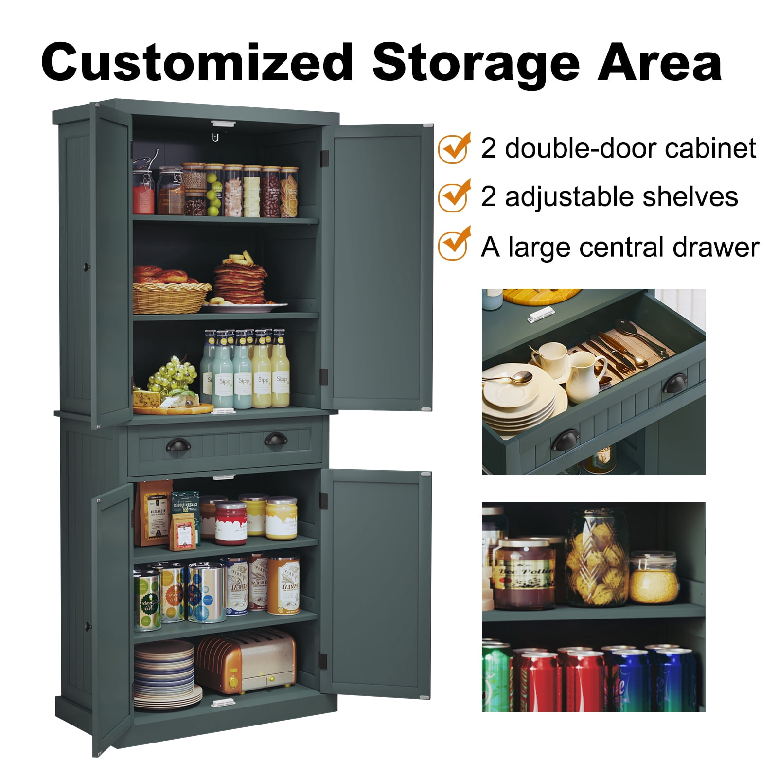 ARTPOWER 72" Pantry Storage Cabinet With Drawer – Freestanding Tall Cupboard, 2 Doors, 6 Shelves, Adjustable Shelves For Kitchen, Living Room (Green)