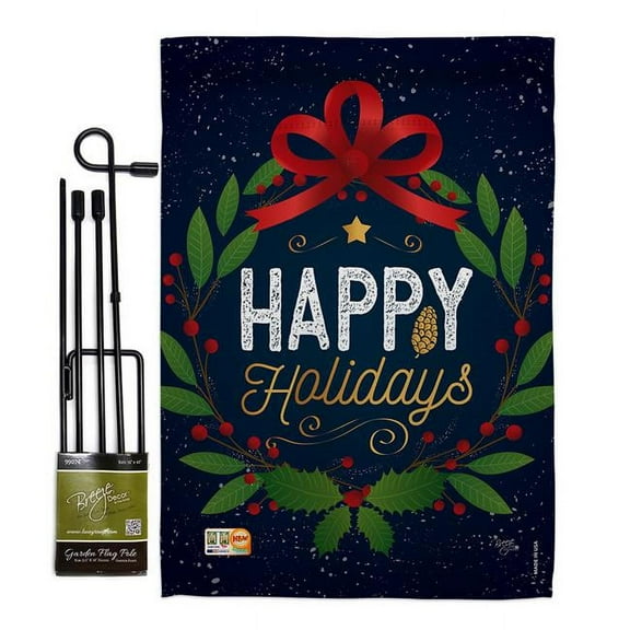 Breeze Decor BD-XM-GS-114149-IP-BO-D-US17-BD 13 x 18.5 in. Happy Holidays Wreath Winter Christmas Impressions Decorative Vertical Double Sided Garden Flag Set with Banner Pole