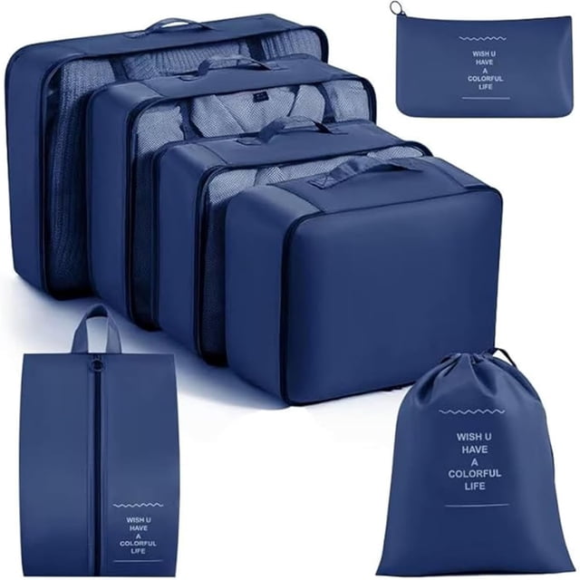 Set de 7 Cubos de Embalaje para Maletas, Organizadores Expandibles para Equipaje, Bolsas de Almacenamiento Duraderas y Ligeras para Accesorios de Viaje, Esenciales de Viaje (Azul)