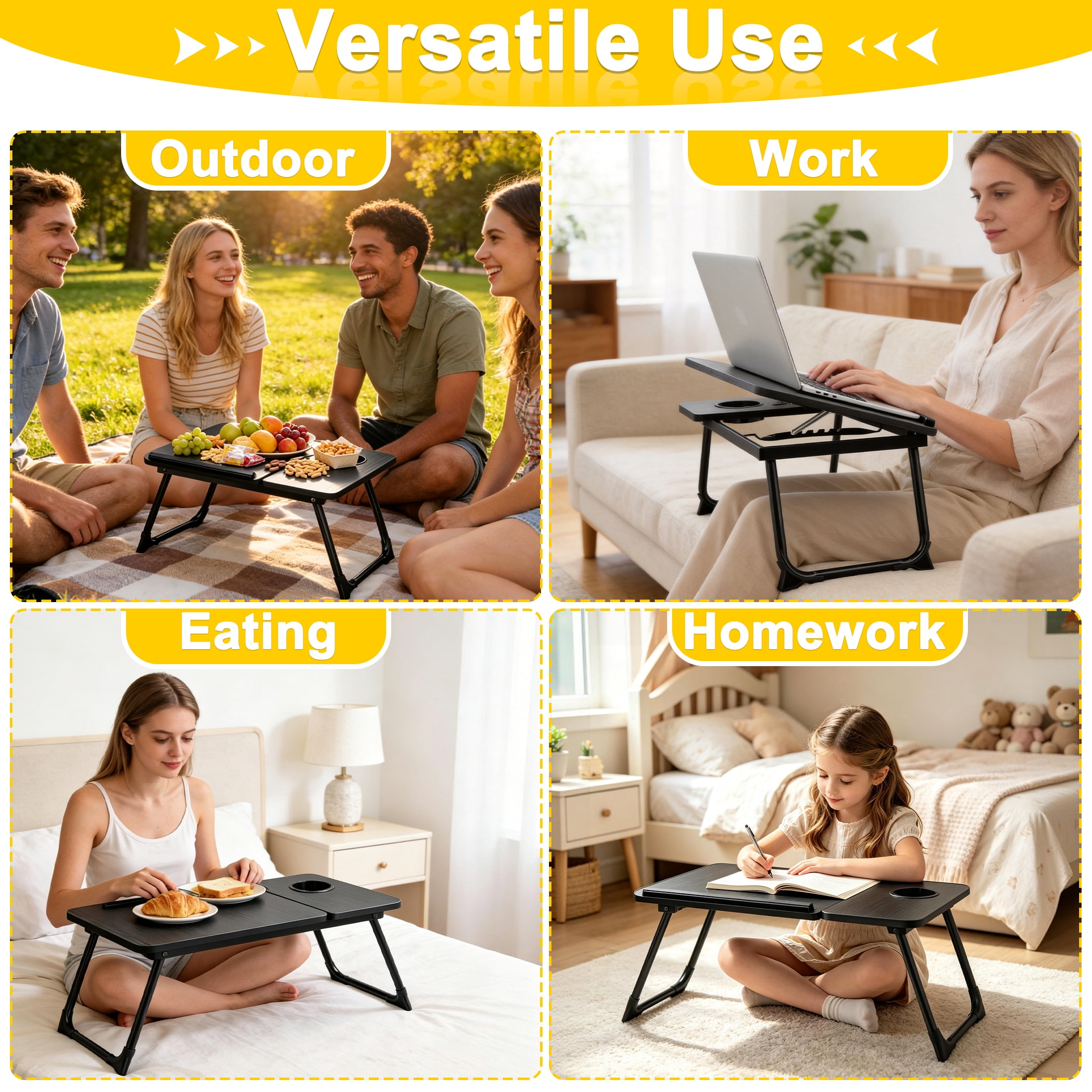 Foldable Laptop Bed Tray Table, Adjustable Angle Portable Lap Desk with Cup Holder, Multifunction Bed Table for Working, Reading, Eating on Bed Sofa