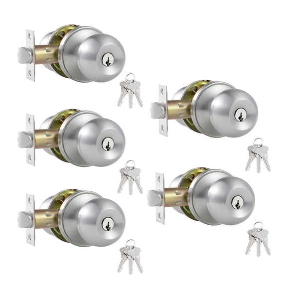 5 Pack Stainless Steel Ball Entry Door Knob,Keyed-Alike Satin Nickel Entrance Door Knob,Interior/Exterior Door Knob with Lock For Bedroom Bathroom,Front Entry Door Knobs with Lock Same Key
