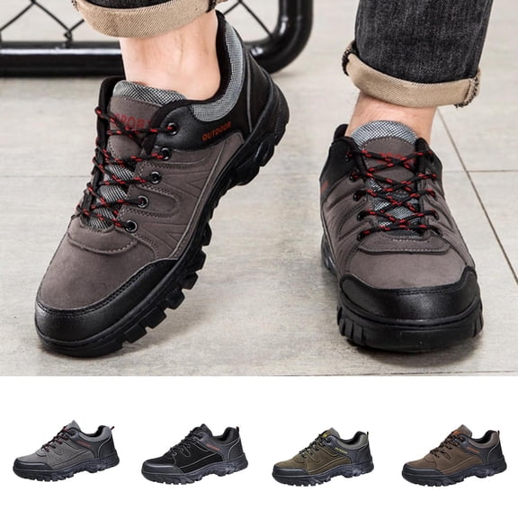 Men's Extra Wide Plus Size Faux Leather Hiking Shoes Outdoor Walking Shoes Low-top Work Shoes Soft Toe with Arch Support for Heel Pain Relief - Rugged Core Size 6.5-9.5 Gray