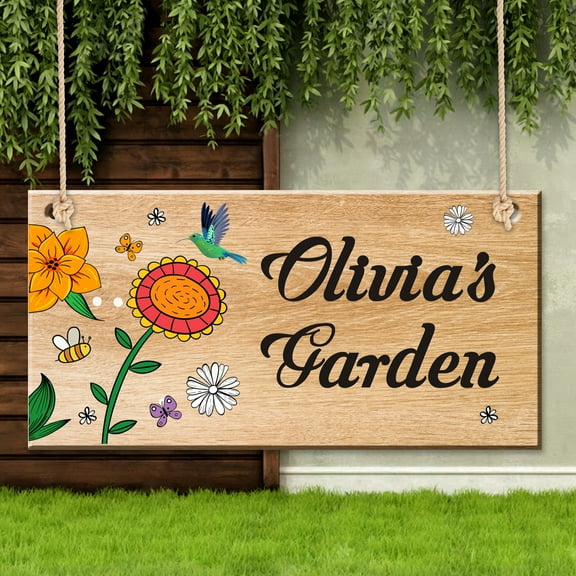 Personalized Wooden Hanging Plaque Flower Garden Sign, Welcome Sign Flower Butterfly Bee Bird Decor, Outdoor Hanging Sign for Garden Yard Porch Wall Decor
