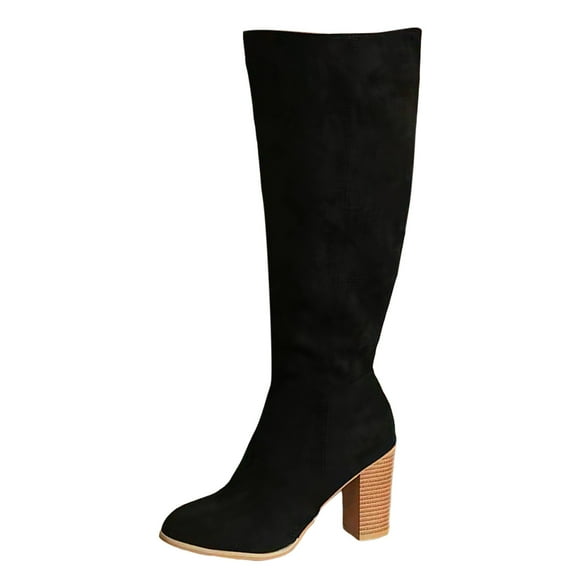 Kcodviy Ladies Casual Retro Solid Womens Knee High Riding Boots Wide Calf Color Side Zipper Chunky High Heels Boots for Women Heel High Heel Large Size Western Boots Knee Boots