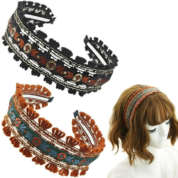 LinYooLi 2 PACK Embroidered Headbands for Women, Wide Headbands, Non-Slip Boho Embroidered Floral Hair Hoops Ethnic Flower Head, Floral Lace Headbands