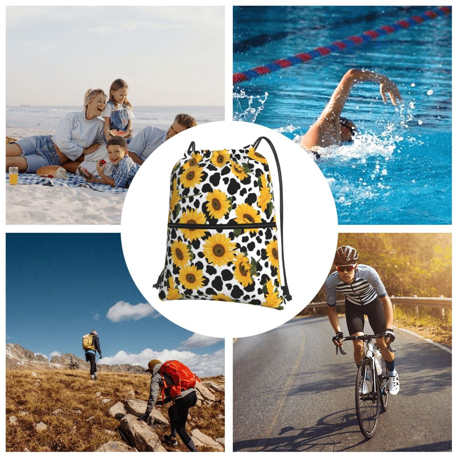 Vsdgher Cow Print Sunflower Drawstring Backpack Water Resistant String Bag Sports Sackpack Gym Sack for Men Women