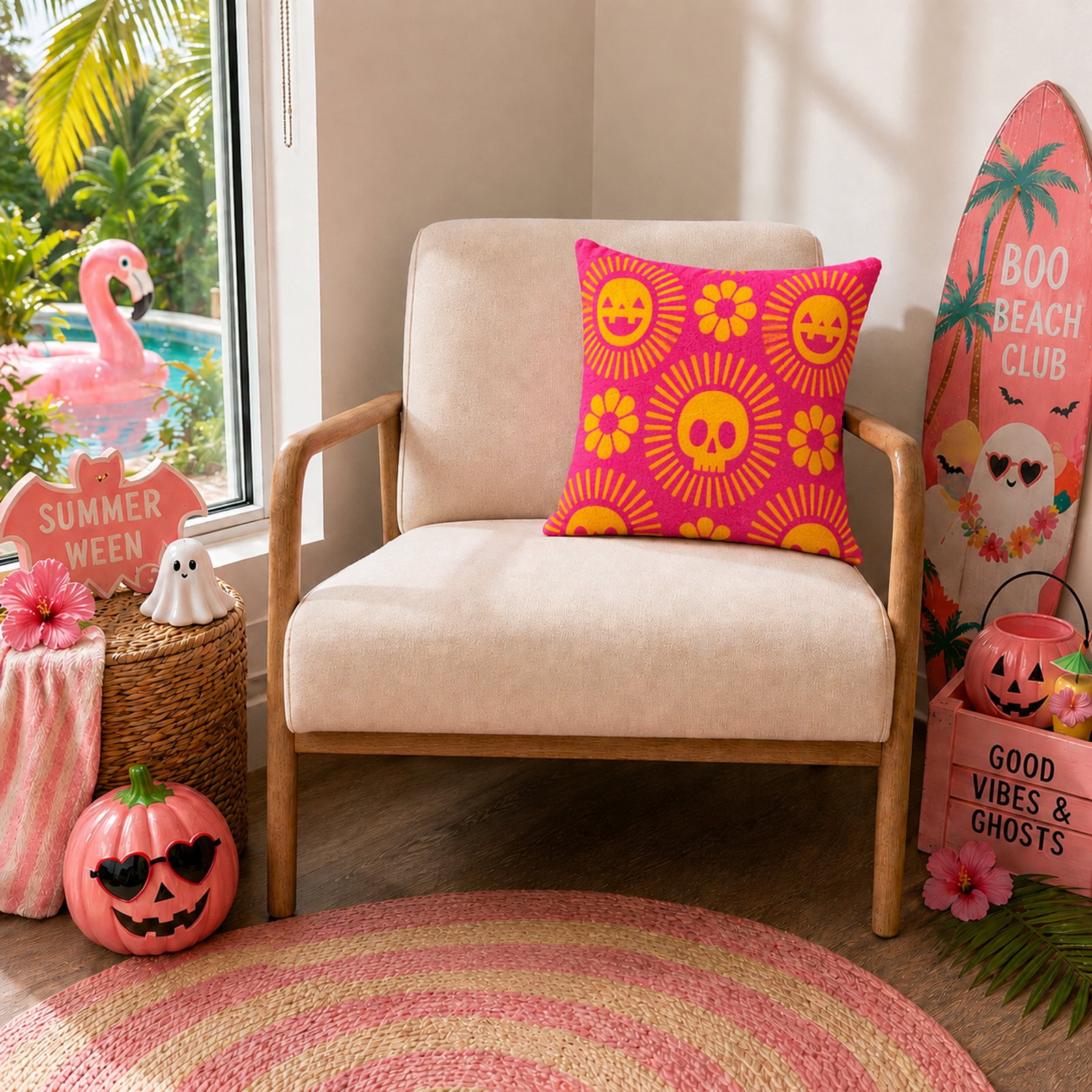 Summerween 18"x18" Plush Decorative Pillow,  Sunshine Skulls