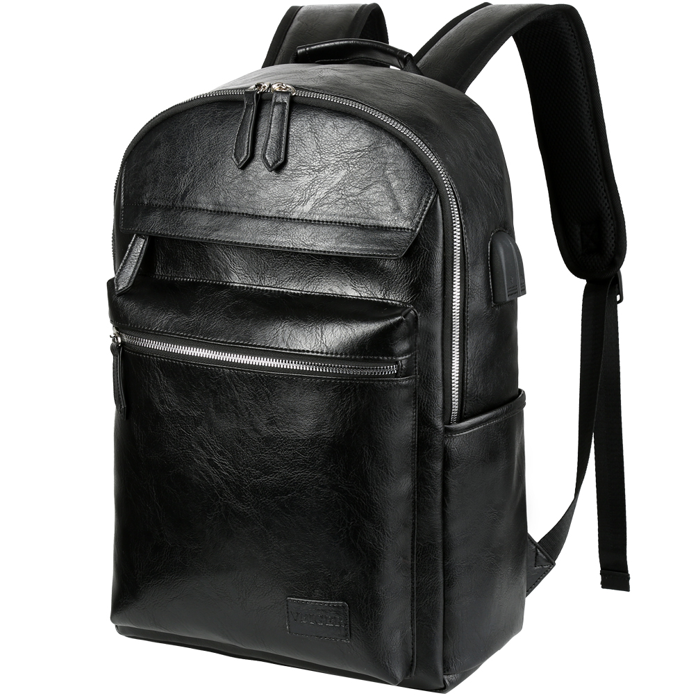 Vbiger PU Leather Backpack Trendy Business Backpacks Large-capacity Laptop Shoulder Bags Casual Outdoor Daypack Stylish College School Bag Waterproof Travel Backpack for Men, Black - image 1 of 9