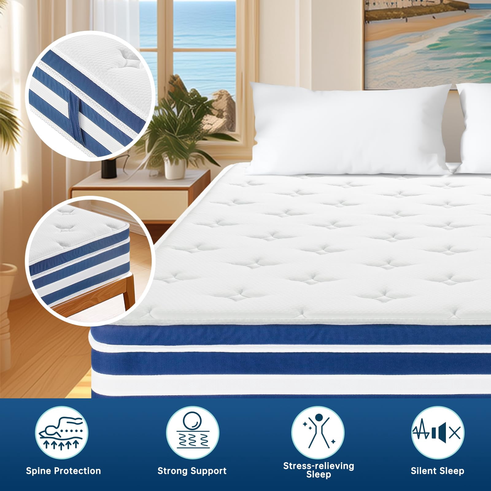 Queen Mattress, 12 Inch Hybrid Memory Foam Mattress with Gel Memory Foam & Zoned Pocket Coils, Pressure Relief, Motion Isolation, Soft & Breathable Queen Bed Mattresses in a Box, Edge Support
