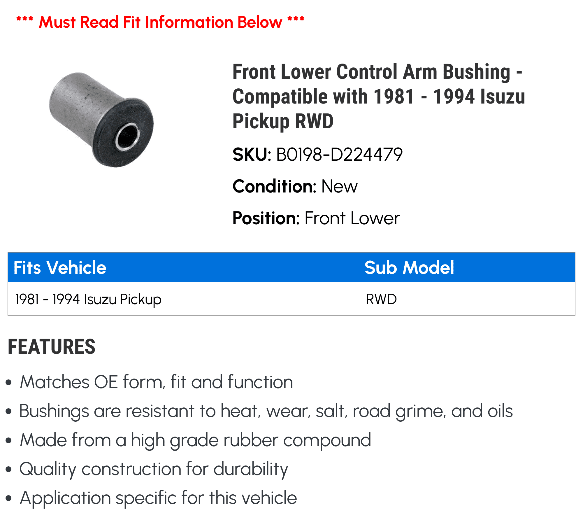 Front Lower Control Arm Bushing - Compatible with 1981 - 1994 Isuzu Pickup RWD 1982 1983 1984 1985 1986 1987 1988 1989 1990 1991 1992 1993