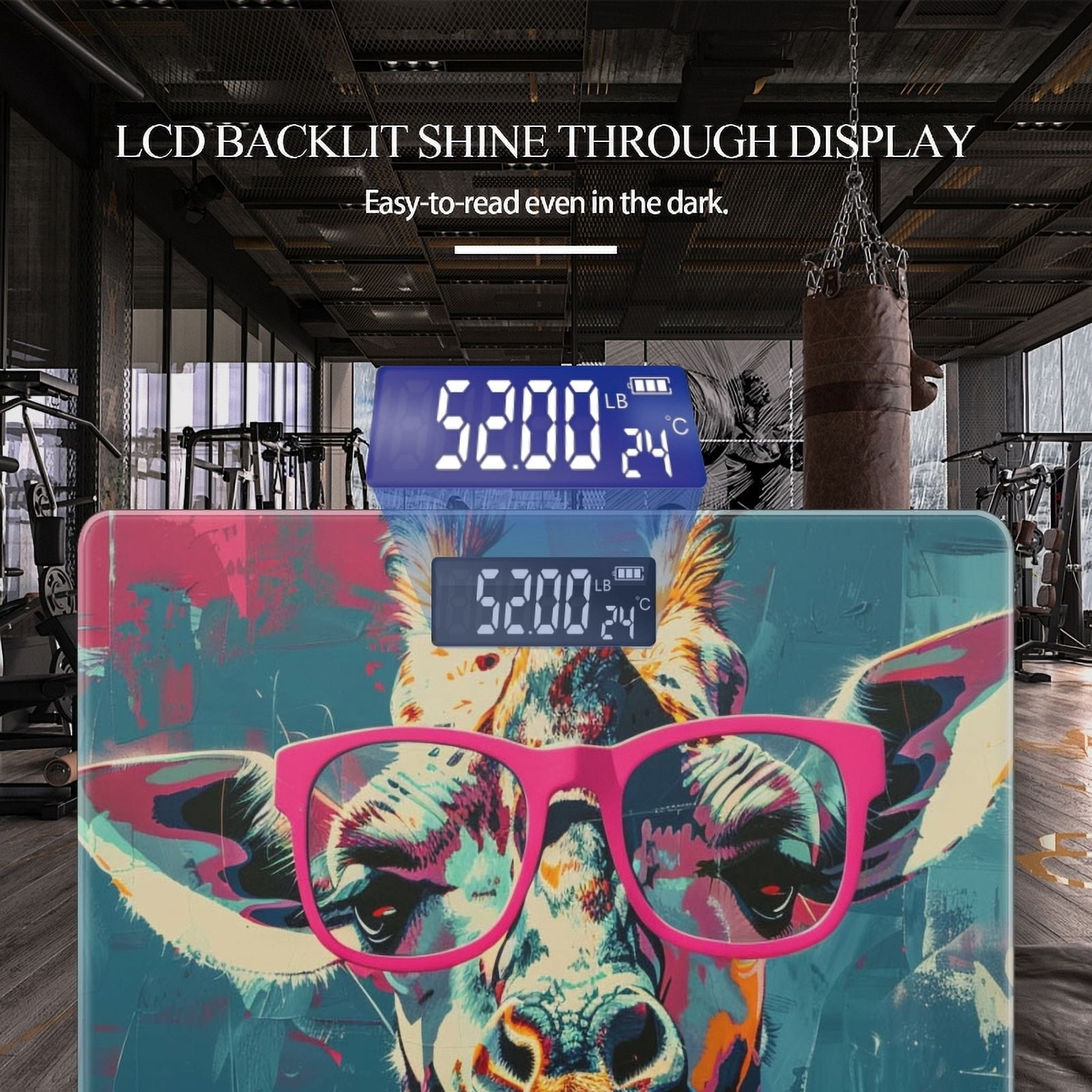 Digital Bathroom Scale with Large LCD Display,High Capacity Scale 400 lbs High Precision body fat scale-Giraffe With Pink Glasses In Colorful Painting Style