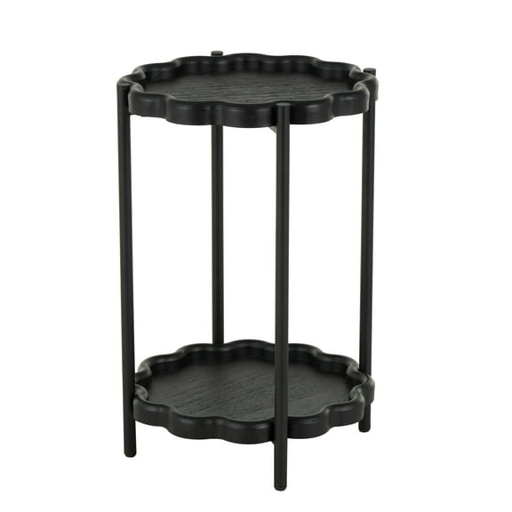 DecMode 15" x 24" Black Wood Floral Inspired 2 Level Accent Table with Metal Legs, 1-Piece