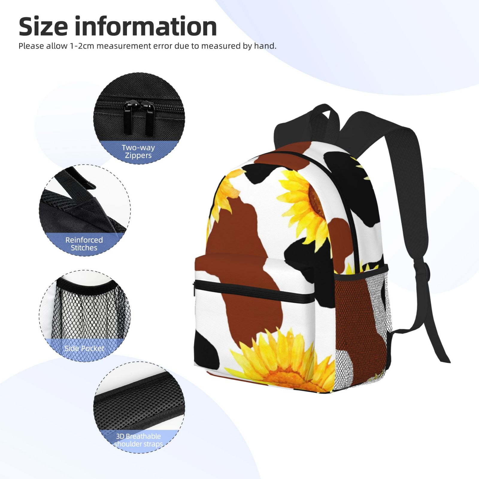 Vsdgher Sunflower Cow Print Unisex Large Capacity Bookbag Schoolbag Casual Daypack for High School/College/Teens/Travel/Work