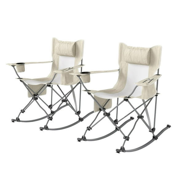 Folding Rocking Camping Chairs 2 Pack, Portable Chair with Headrest & Cooler, Cup Holder, Carry Bag, Cream