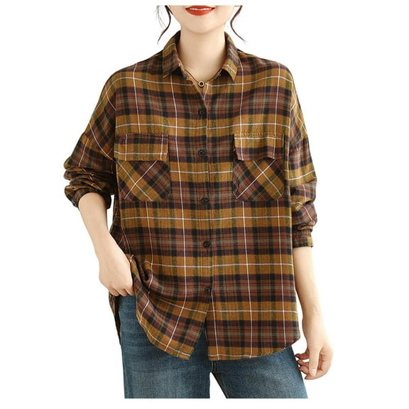 Womens Plaid Shirts Button Up Long Sleeve Cozy Linen Blend Lapel Collar Blouses Chest Pockets Casual Fall Tops (XL, Yellow)