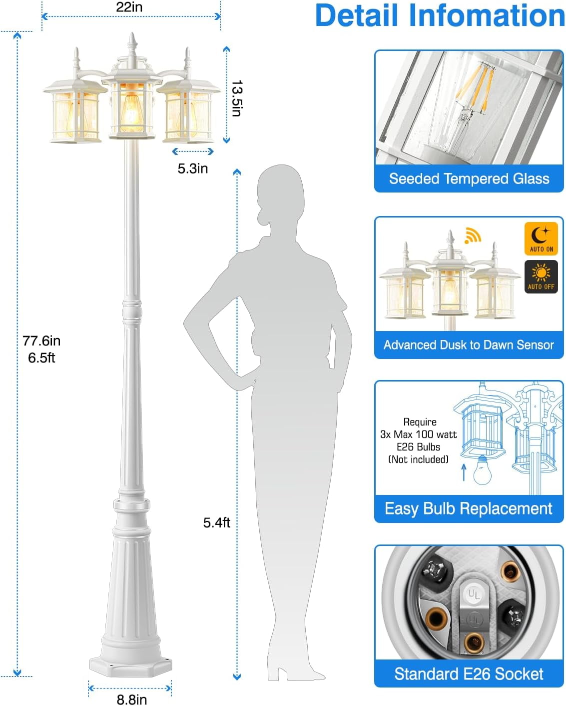 VIANIS Outdoor Lamp Post Light with Outlet 3-Head, Waterproof Outdoor Lamp Post Sconce, Anti-Rust Black Dusk to Dawn Street Light Pole for Garden, House, Doorway, Weather Resistant