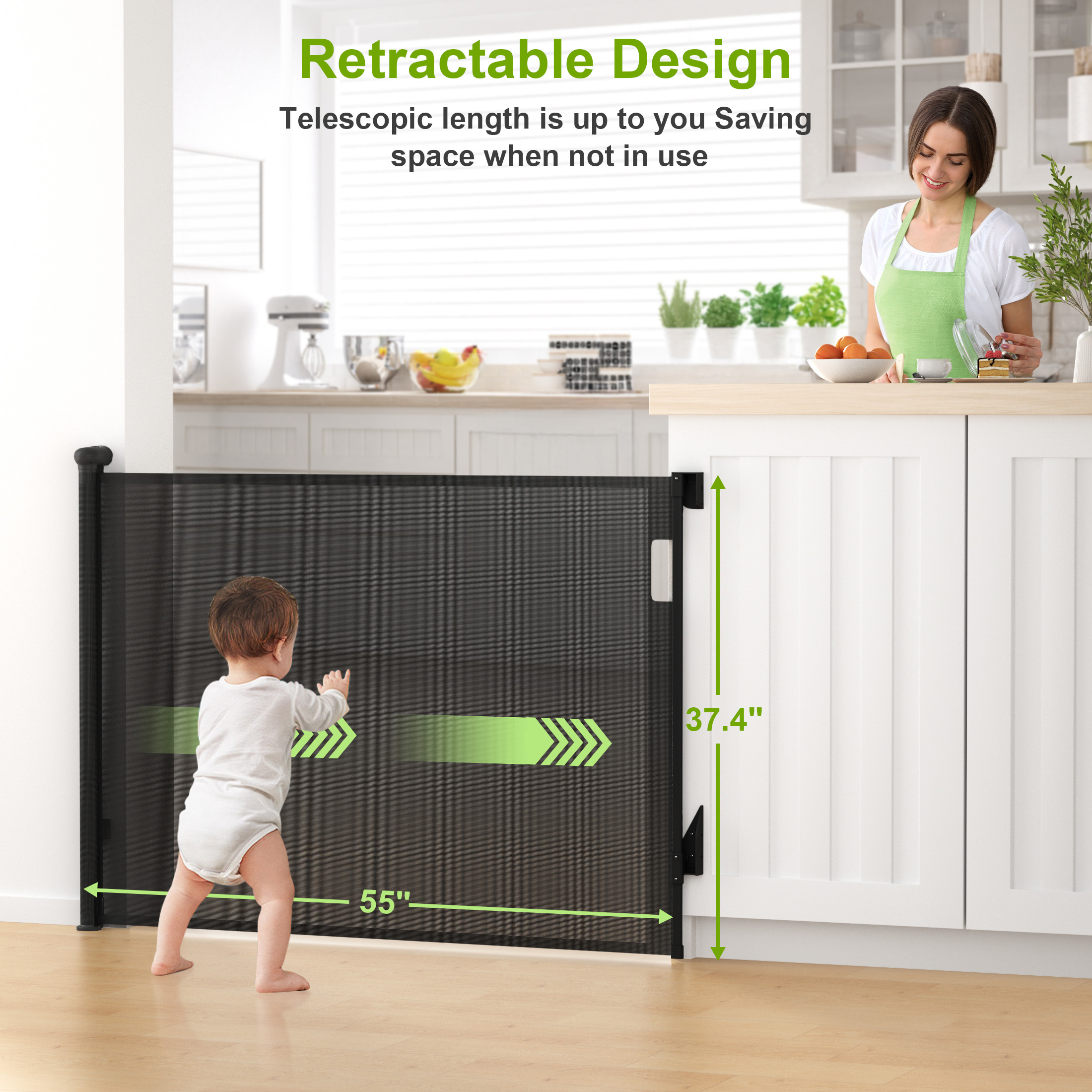 Vomeast Retractable Gates,Extends up to 55in Wide Baby Safety Gates Dog Gate for Doorways Stairs Hallways(Black)