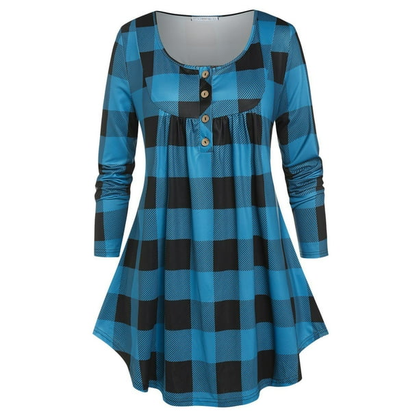 Camiseta de Henley de Talla Extra a Cuadros Rosegal Mangas largas de talla grande