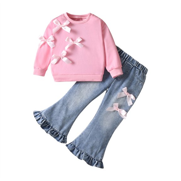 KAUOD Girls 2 Piece Tops Jeans Set Bow Crew Neck Sweatshirts Flare Ruffles Denim Pants Outfits Kids Cute Pullover Sweater