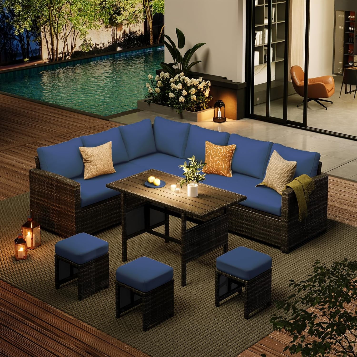 AECOJOY 7 Piece Patio Conversation Set, Outdoor Sectional Sofa Rattan Wicker Dining Furniture in Dark Blue