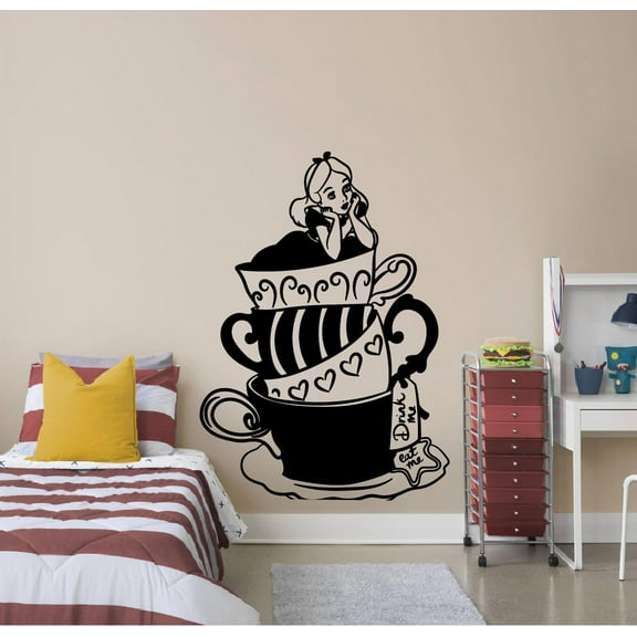 Alice In Wonderland Alice On A Tea Cup Try Me Drink Me Eat Me Cute Boys Girls Room Wall Sticker Vinyl Decal Home Decor For Boys/Girls Children Room Home Bedroom Decoration Sticker Size (30x22 inch)