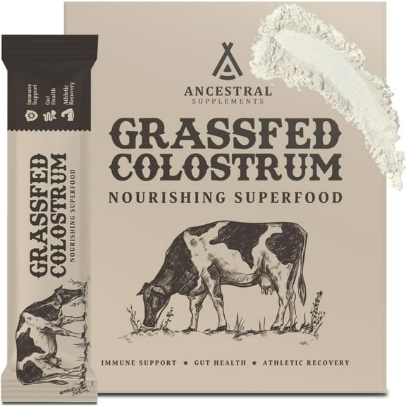 Ancestral Supplements Grass Fed Beef Bovine Colostrum Powder Packets, 30 Sticks, Unflavored