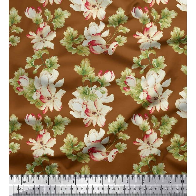 Soimoi Polyester Crepe Fabric Leaves & Magnolia Floral Print Fabric by Yard 42 Inch Wide