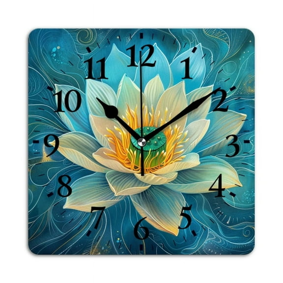Non-Ticking Silent Wall Clocks Battery Operated Personalized Decor Clock for Living Room,Bedroom-White Lotus Flower With Swirls And Golden Lines Around The Petals(12inch)