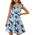 thumbnail image 2 of KISSMODA Girls Casual Smocked Dress Square Neck Puff Short Sleeve Ruffle Dresses 4-13 Years, 2 of 4