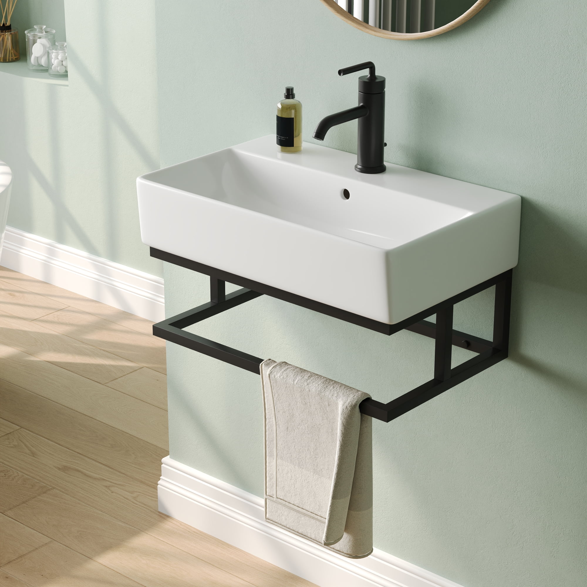 Deervalley 22"X14" White Wall Mounted Bathroom Sink With Black Towel Bar, Rectangular Bathroom Sink With Overflow DV-1WS0322B
