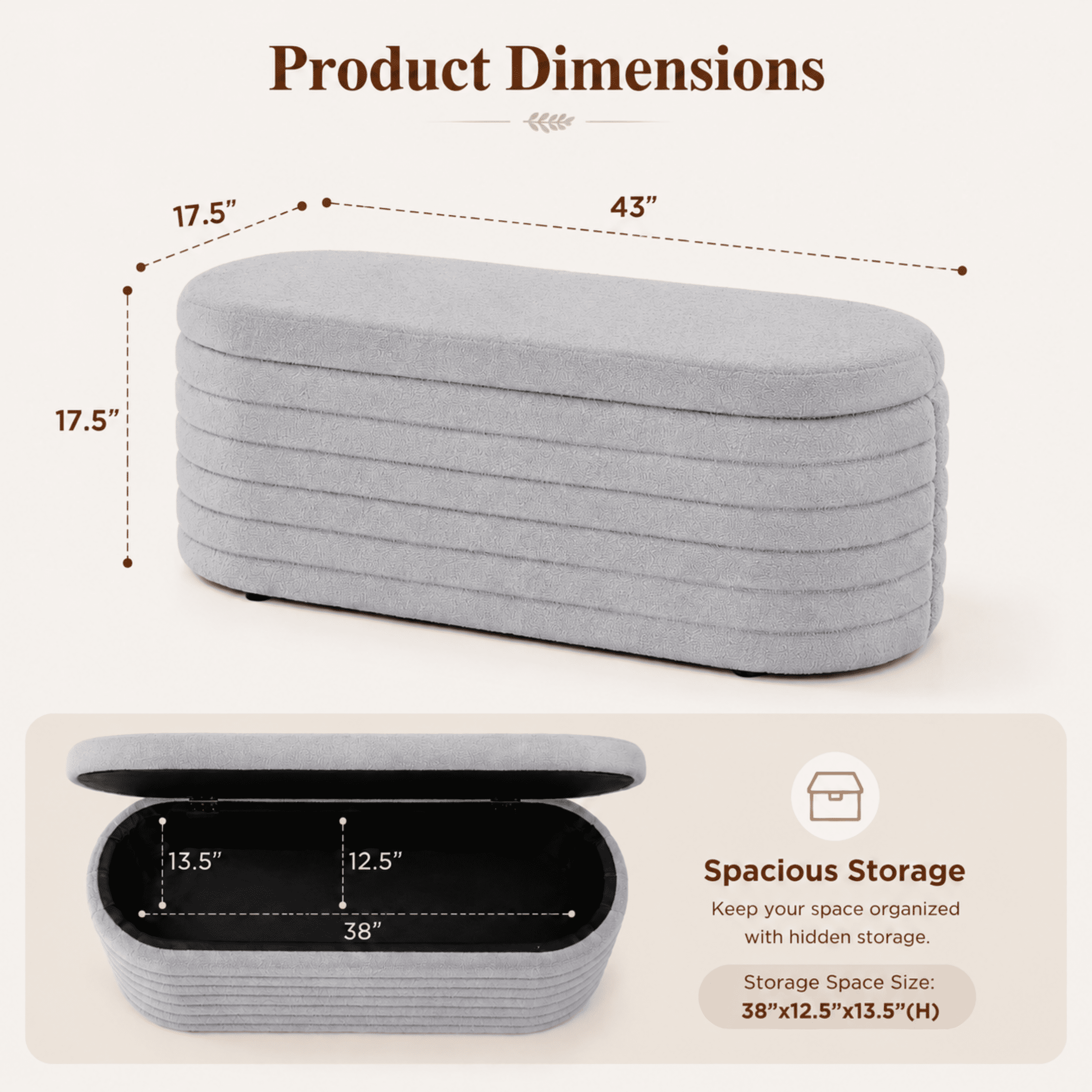Storage Ottoman Bench End of Bed for Bedroom,43 inch Teddy Boucle Upholstered Entryway Shoe Seat Bench w/Storage,Sherpa Modern Cute Stool Foot Rest for Living Room,Window Seating,Light Gray