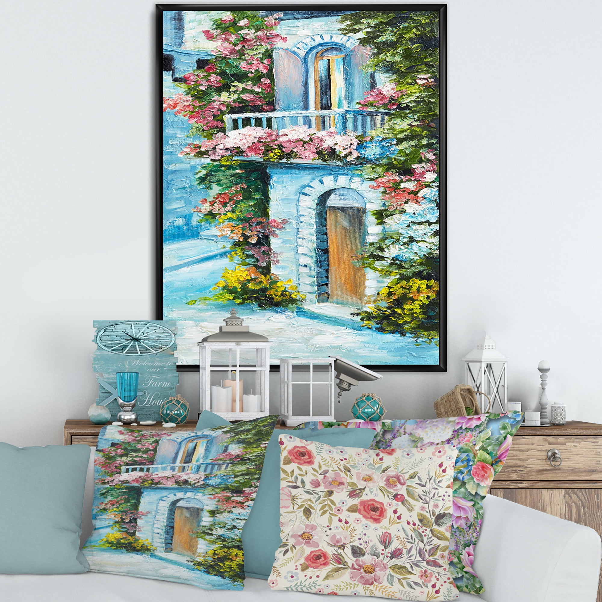 Designart 'House With Colorful Flowers Near The Sea II' Traditional Framed Canvas Wall Art Print