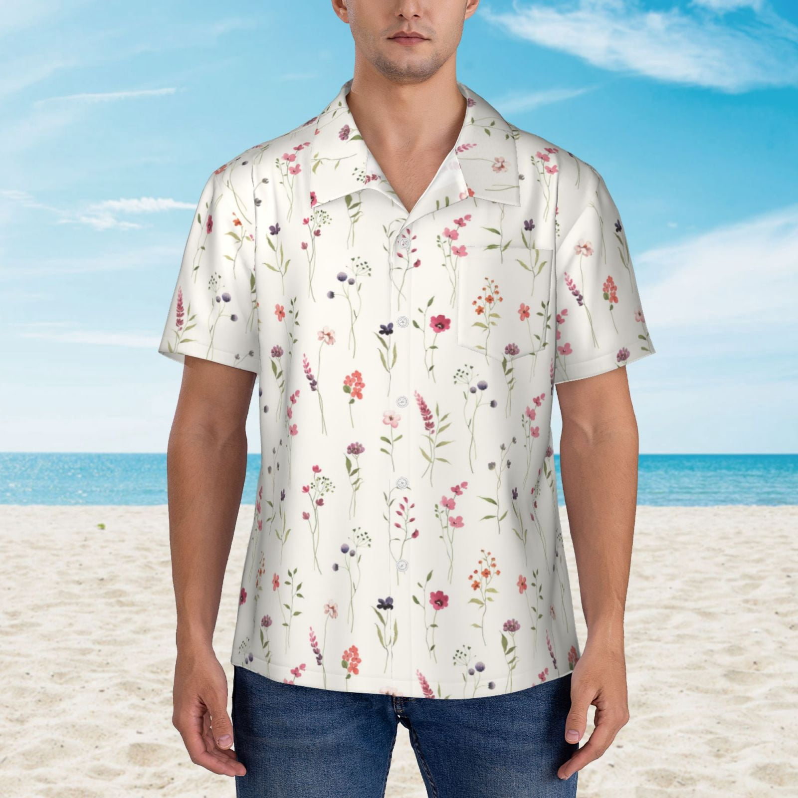 Logiee Wildflower Watercolor Print Mens Hawaiian Shirts,Loose-Fit Short Sleeve Button Down Tropical Aloha Beach Shirt,Summer Vacation Wedding Tops,Medium