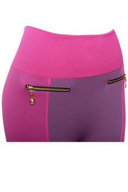 K-Cliffs Women's One Size casual Two-Tone 4" High Rise Leggings with Double Zipper, Fuchsia, 95% Polyester, 5% Spandex