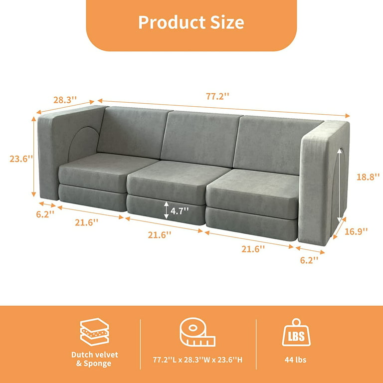 Kids Couch 12PCS, Linor Modular Toddler Couch for Playroom, Dutch Velvet  Multifunctional Kid Couch, Grey